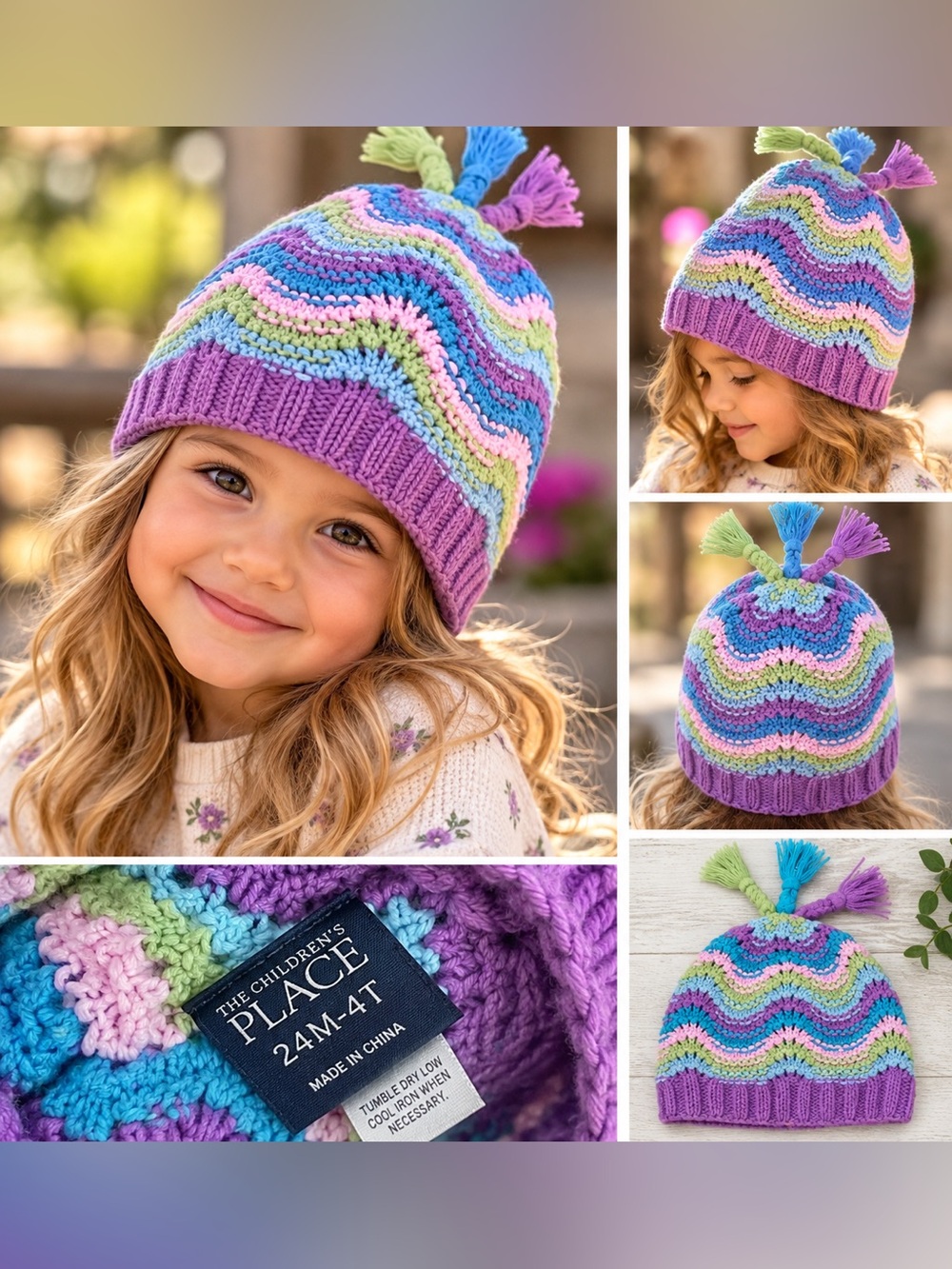 The Children’s Place Girls 24M-4T Multicolor Knit Tassel Beanie Hat. $12